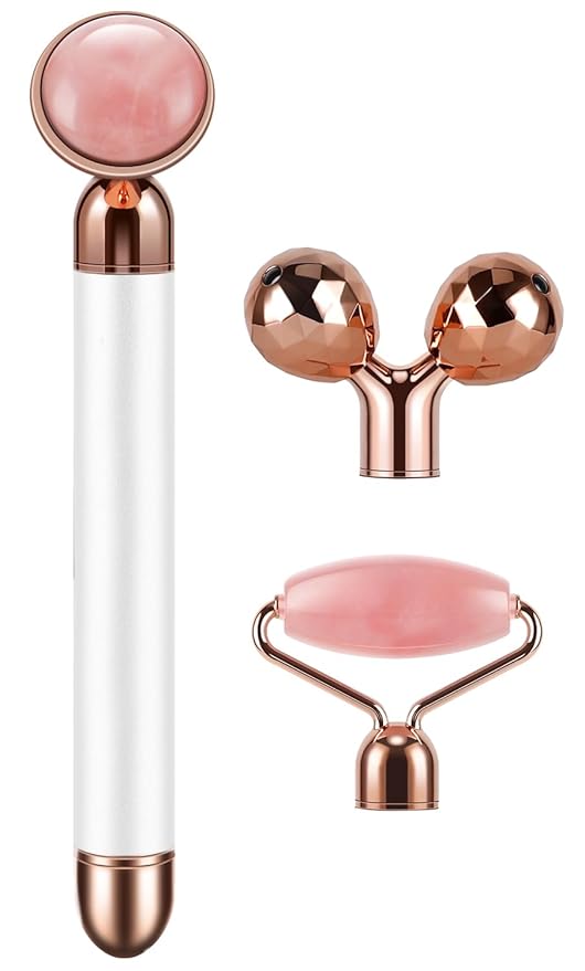 3-IN-1 Electric Jade Roller 3D Roller Facial Roller & Face Massager, Rose Quartz-VivaGrace Women