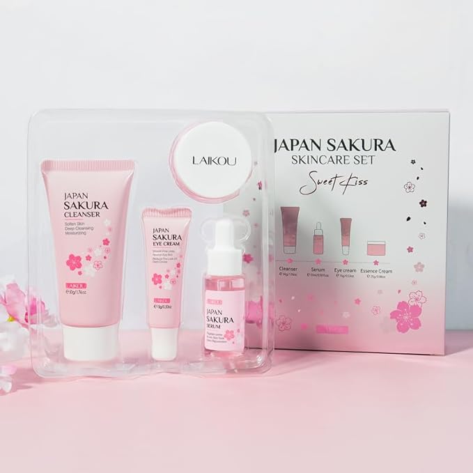 Skin Care Set JAPAN SAKURA Beauty Gift Sets Skin Care Kit with Cleanser, Serum, Eye Cream, Face Cream Travel Kit for Women Mom Wife Teen Girls Gentle Skin Cleaning TSA-friendly Sizes 4pcs-VivaGrace Women