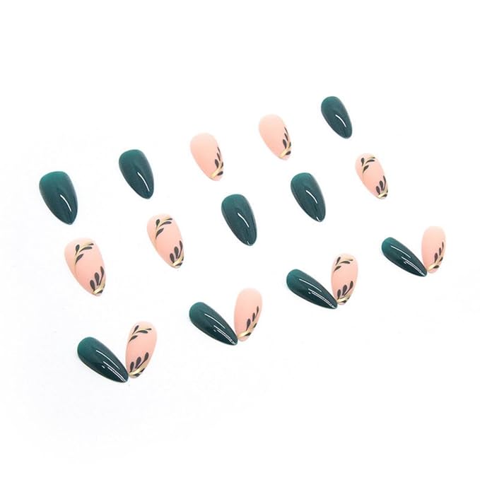 Green Press on Nails Gold Medium Almond Fake Nails Green Leaf Glue on Nails Glossy Spring Nails Artificial Acrylic Nails Press on Reusable Summer False Nails for Women Girls Manicure 24pcs