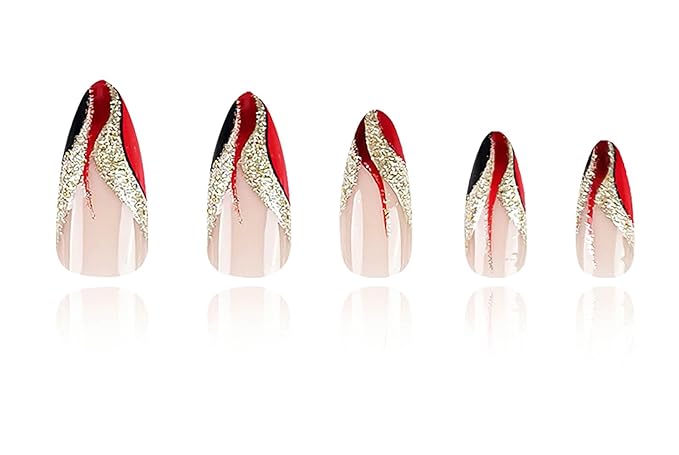 Press on Nails for Women,Almond Press on Nails French Tip Fake Nails Medium False Nails with Gold Glitter Designs Full Cover Glue on Nails Sparkly Artificial Nails Cute Stick on Nails 24Pcs