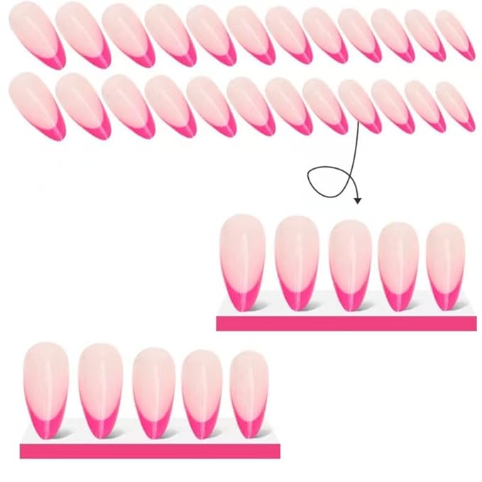 Pink French Tip Fake Nails Medium Almond Nude with Design Glossy Glue on Reusable Artificial Acrylic Stick on Nails For Women Girls Gift 24pcs