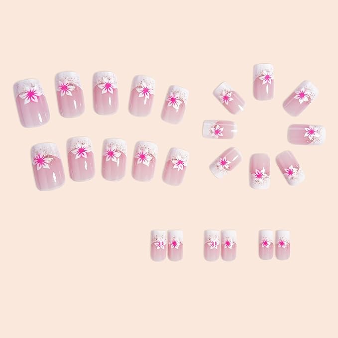 Flower Press on Nails French Tip Fake Nails Medium Square False Nails with Floral Designs Pink White Glossy Glitter Reusable Acrylic Nails Full Cover Stick on Nails for Women Girls Nail Supplies