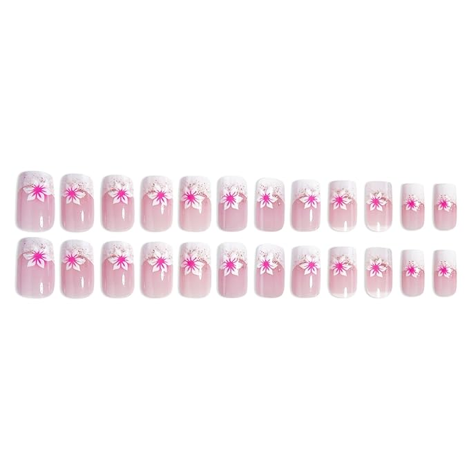 Flower Press on Nails French Tip Fake Nails Medium Square False Nails with Floral Designs Pink White Glossy Glitter Reusable Acrylic Nails Full Cover Stick on Nails for Women Girls Nail Supplies