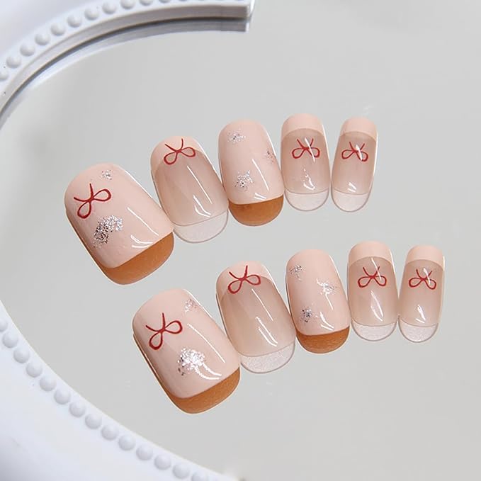 24pcs Pink Press-on Nails: Short Square Glitter Heart Stars Design, French Tip, Reusable Acrylic Nails for Women