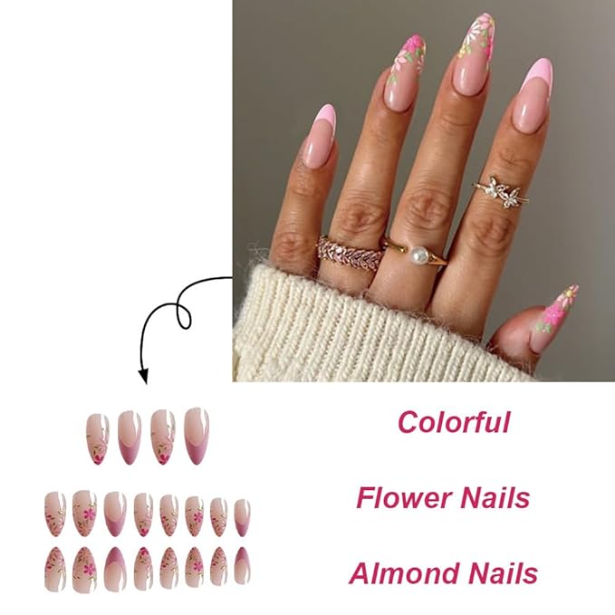 Pink French tips Press on Nails Medium Almond Fake Nails with Design Pink Flower Glue on Nails Glossy Daisy Spring Nails Reusable Summer False Nails for Women Girls Manicure 24pcs
