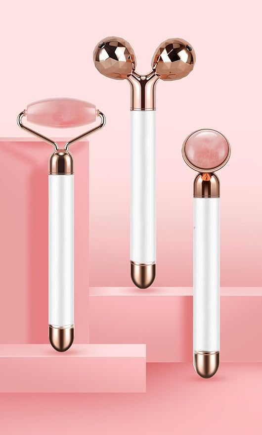 3-IN-1 Electric Jade Roller 3D Roller Facial Roller & Face Massager, Rose Quartz-VivaGrace Women