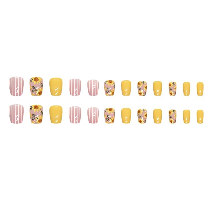 Sunflower Press on Nails Short Fake Nails Square Shape False Nails Summer Yellow Acrylic Nails Cute Flowers Stick on Nails Short Artificial Nails for Women Finger Manicure Decorations, 24Pcs