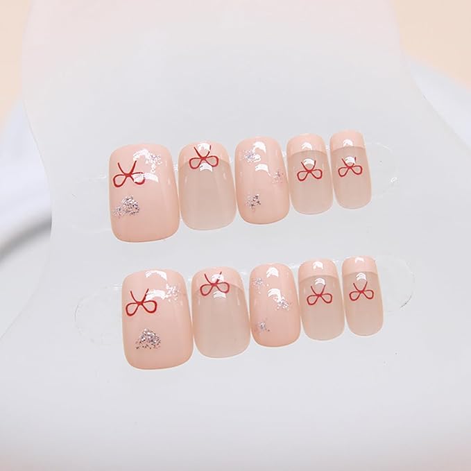 24pcs Pink Press-on Nails: Short Square Glitter Heart Stars Design, French Tip, Reusable Acrylic Nails for Women