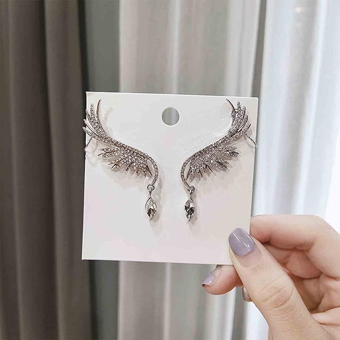Boho Crystal Angel Wing Earrings Silver Rhinestone Wing Earrings Cz Crystal Ear Climber Earrings Guardian Wing Clip on Earrings Jewelry for Women and Girls Gifts-VivaGrace Women