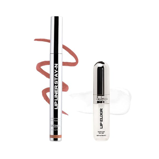 Sacheu Lip Liner STAY-N & Lip Elixir Bundle — Long Lasting Matte Lip Tattoo, Transfer Proof Lipstain Infused with Hyaluronic Acid & Vitamin E, for All Skin Types — P-inked and Clear-VivaGrace Women