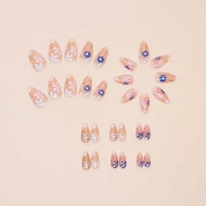 Flower Press Medium Almond Fake Nails with Design Star Glue on Reusable Artificial Acrylic Full Cover Stick on False Nails for Women Girls Manicure 24pcs