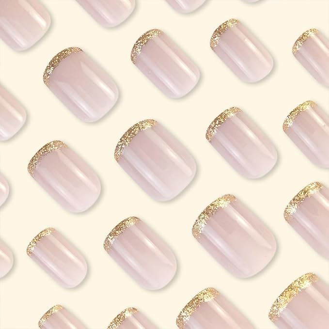Press on Nails Short, Extra Short Press on Nails Glue on for Women, Gold Nude Pink French tip press-on nail, Reusable Stick on Acrylic Glossy Soft Gel Fake presson Nail Kit for Women Gift