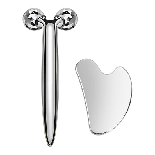 3D Gua Sha Facial Tools Metal Face Roller Stainless Steel Gua Sha Set Cooling Massage Tools for Reduce Puffiness, Firm Skin, Anti-Aging Care - Daily Facial Sculpting Gift for Women-VivaGrace Women