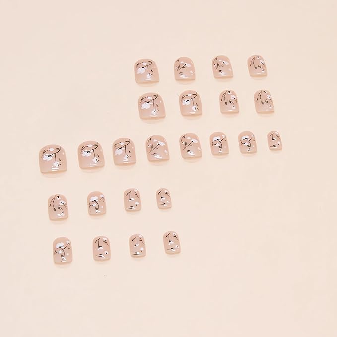 24 Pcs Small Flower Press on Nails Short Square Fake Nails White Flowers Glue on Nude False Nails Cute Spring Nail Art Decorations Short Square Stick on Nails for Women and Girls