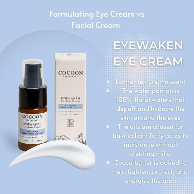 Eyewaken Eye Cream, Ecocert Cosmos Organic, Smooth Fine Lines, Firm + Protect, Cornflower, Cocoa, Argan Oil, Grapeseed Oil, Almond Oil, 0.68 fl oz-VivaGrace Women