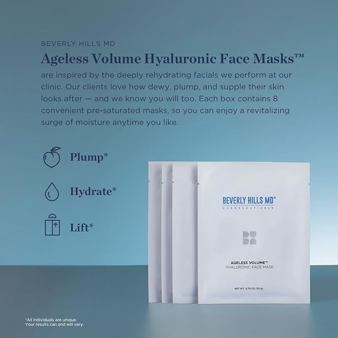 Ageless Volume Hyaluronic Face Mask- Reduce Appearance of Wrinkles, Anti Aging Formula for Plump, Moisturized Skin- 8 Pack- Hydrating & Firming Gentle Sheet Mask-VivaGrace Women