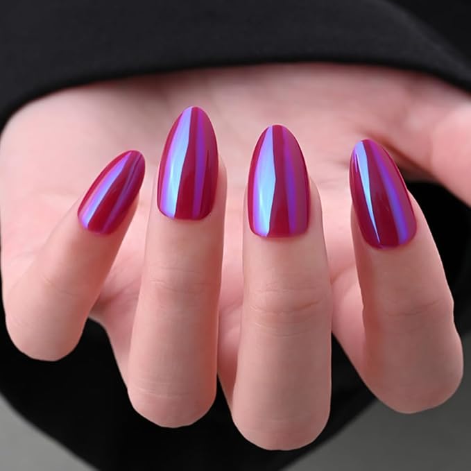 Aurora Chrome Red Press On Nails Short Almond 30 Pcs, Designer Reusable Acrylic Fake Nails with Glue, Glossy Soft Gel Nails Wedding and Party, Stick On Glue On Nails, Nails fro Women Gift