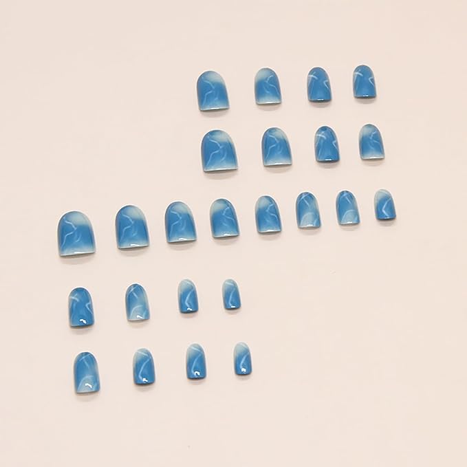 Blue Press on Nails Medium Length Almond Fake Nails Blue Gradient Marble Glue on Nails Summer Acrylic Nails Glossy False Nails Reusable Artificial Stick on Nails for Women Girls Manicure 24Pcs