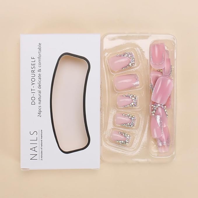 Short Press on Nails Square Nails with Rhinestone Design French Tips Cute Nails Press on Fake Nails for Girls(Pink & Silver)