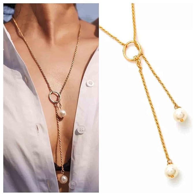 Boho Pearl Lariat Necklace Gold Chunky Chain Y Necklace Pearl Tassel Necklace Long Necklaces for Women and Girls Prom Bridal Necklace Jewelry-VivaGrace Women