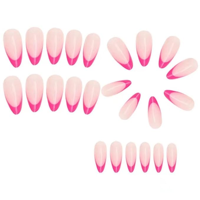 Pink French Tip Fake Nails Medium Almond Nude with Design Glossy Glue on Reusable Artificial Acrylic Stick on Nails For Women Girls Gift 24pcs