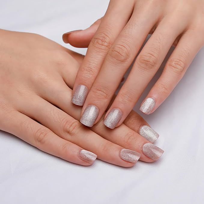 Nude-Silver Spring Press on Nails Short Square, Cat Eye Press on Nails, Fashion Gel Fake Nails, Reusable Acrylic Fake Nails, Glossy Stick on Nails for Women, Glue on Nails Kit, Icy Nude-Silver