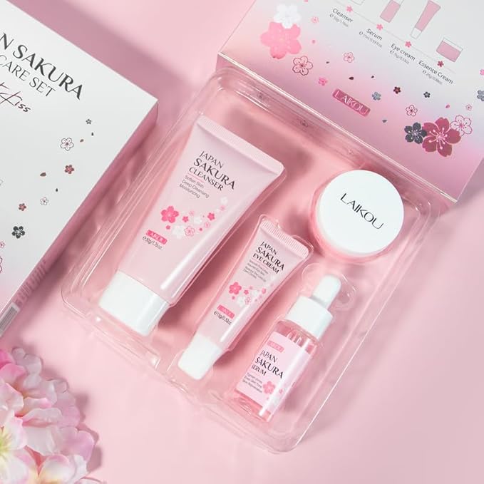 Skin Care Set JAPAN SAKURA Beauty Gift Sets Skin Care Kit with Cleanser, Serum, Eye Cream, Face Cream Travel Kit for Women Mom Wife Teen Girls Gentle Skin Cleaning TSA-friendly Sizes 4pcs-VivaGrace Women