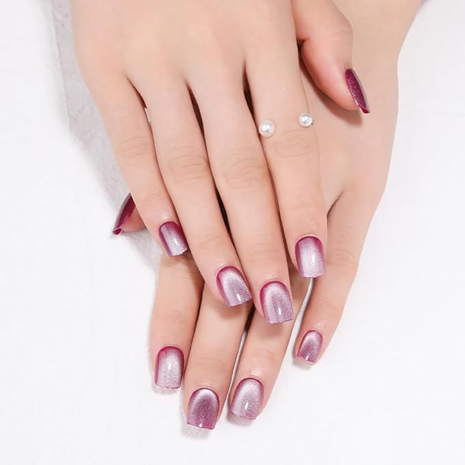 Rose Purple to White Gradient Press On Nails Short Square Cat Eye Nails, Fashion Gel Fake Nails, Reusable Acrylic Fake Nails, Glossy Stick On Nails for Women, Glue On Nails Kit, Purple Moonlight Glow