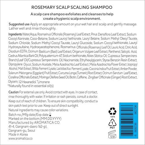 AROMATICA Rosemary Scalp Scaling Shampoo - Korean Hair Care with Thinning Hair Loss Natural Rosemary Essential Oil for Women - Vegan Hair Growth - Free from Sulfate, Silicone, and Paraben (13.53 oz)-VivaGrace Women