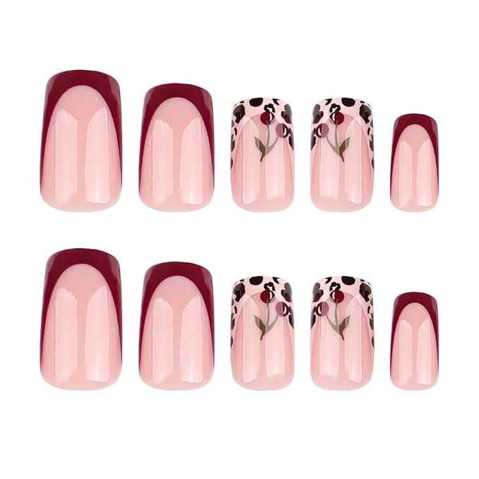 French Tip Press On Nails Square Short, Leopard Cherry French Tip Short acrylic Press on Nails for women, 12Sizes-24Pcs Reusable Stick Cute Fake Nails Kit with Glue For Women, Salon Quality