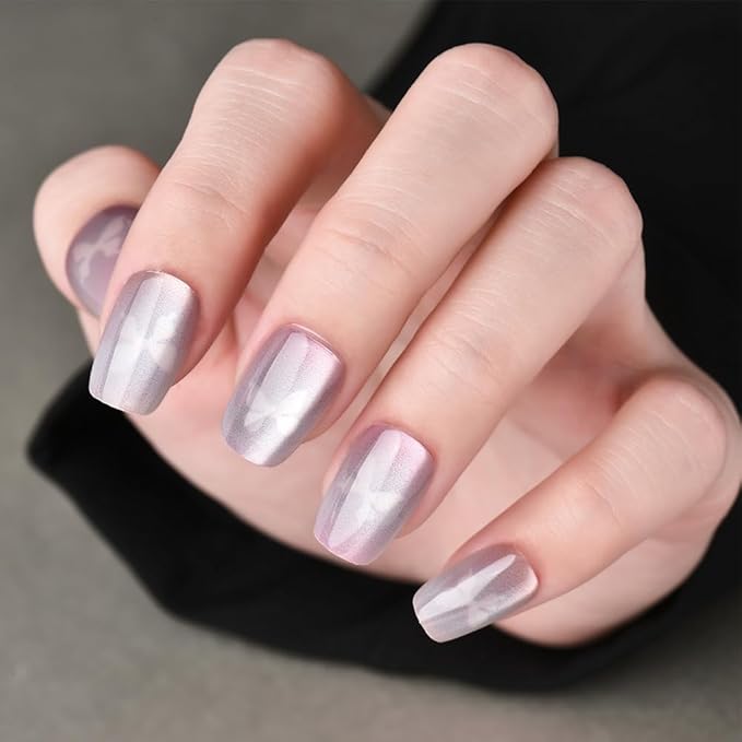 Purple Press On Nails Short Square, Cat Eye Fake Nails with Chameleon Butterfly Designs, Glossy Gel Finish Acrylic Press On Nails, Thick Natural Glue On Nails for Women, Dreamscape Butterfly