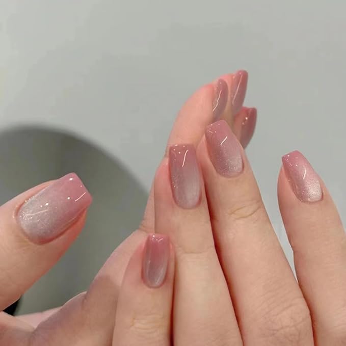 KQueenest Cat Eye Ombre Pink Press on Nails Short Coffin, 30 Pcs Glitter French Fake Nails Press ons, Acrylic Glue on Nails Shiny Sparkle False Nails Reusable Stick on Nails for Women Daily Wear