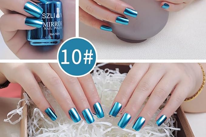 Blue Nail Polish Metallic Mirror Effect Metal Long-Lasting Quick Dry Nail Lacquers, Shiny Chrome DIY Manicure (10#, 18ml)