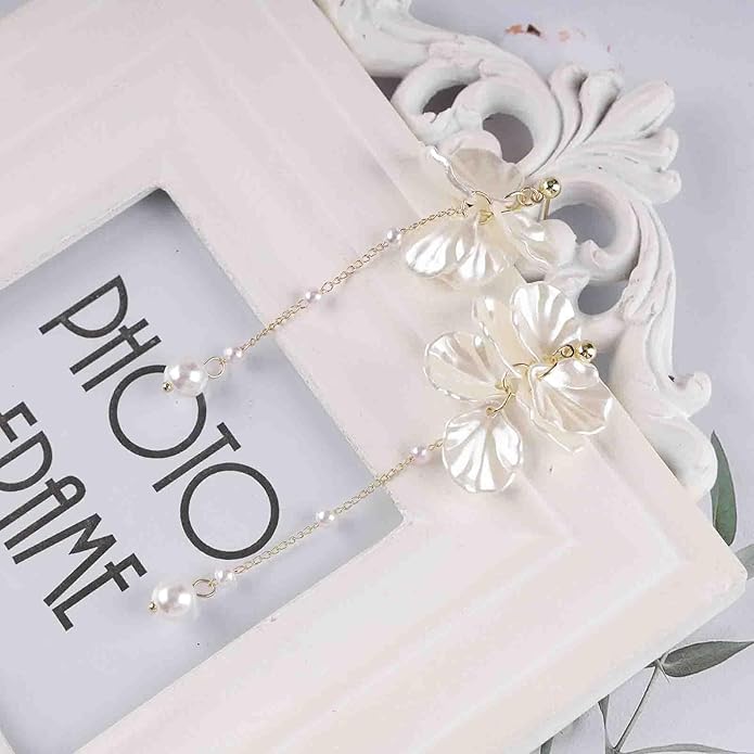 Vintage Pearl Flower Drop Earrings Long Pearl Chain Earrings Gold Pearl Tassel Earrings White Flower Dangle Earrings Jewelry for Women-VivaGrace Women