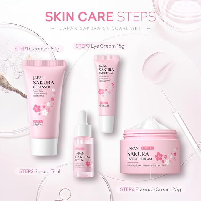 Skin Care Set JAPAN SAKURA Beauty Gift Sets Skin Care Kit with Cleanser, Serum, Eye Cream, Face Cream Travel Kit for Women Mom Wife Teen Girls Gentle Skin Cleaning TSA-friendly Sizes 4pcs-VivaGrace Women
