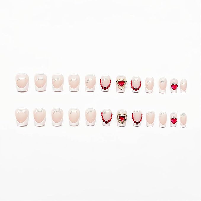 Coffin Press on Nails White French Tip Glue on Nails Short Fake Nails Thick False Nails with Red Heart Rhinestones Designs Glossy Artificial Nails Natural Stick on Nails for Women 24Pcs