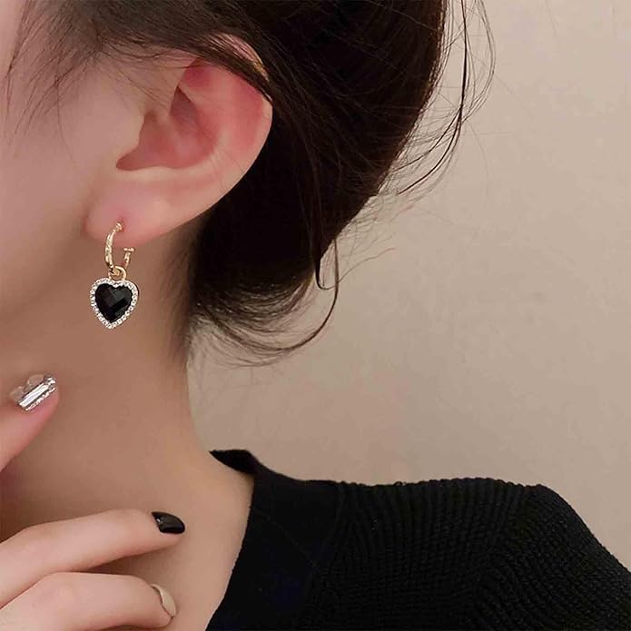 Vintage Crystal Heart Drop Earrings Black Heart Onyx Earrings Black Heart Hoop Huggie Earrings Gold Cz Love Heart Earrings Jewelry for Women-VivaGrace Women
