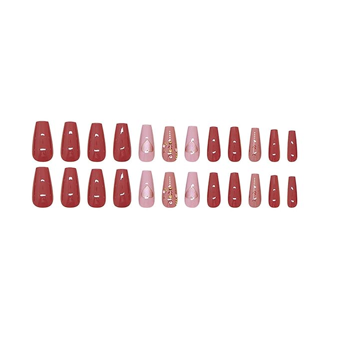 Coffin Press on Nails Medium Fake Nails Red False Nails with Glitter Heart Designs Fall Nail Press ons Glossy Artificial Nails Full Cover Glue on Nails Cute Stick on Nails for Women 24Pcs
