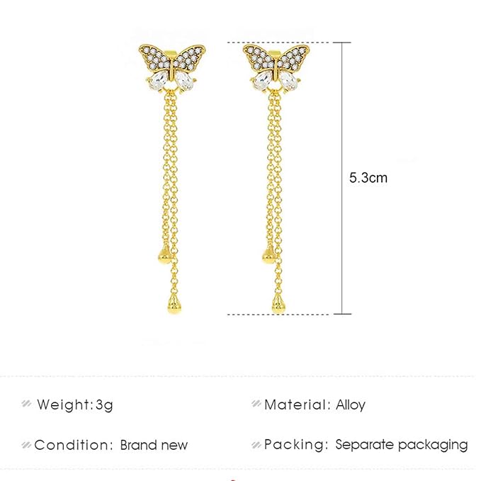 Vintage Crystal Butterfly Stud Earrings Gold Long Chain Earrings Thin Drop Chain Earrings Cz Paved Butterfly Earrings Retro Hanging Chain Earrings Jewelry for Women and Girls-VivaGrace Women