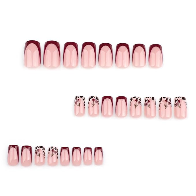 French Tip Press On Nails Square Short, Leopard Cherry French Tip Short acrylic Press on Nails for women, 12Sizes-24Pcs Reusable Stick Cute Fake Nails Kit with Glue For Women, Salon Quality