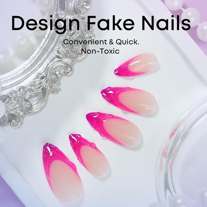 French Tip Press on Nails Almond Nails Press Ons Medium Glue on Nails Purple Nails with 3D Designs Cute Fake Nails 24PCS(Pink & Purple)