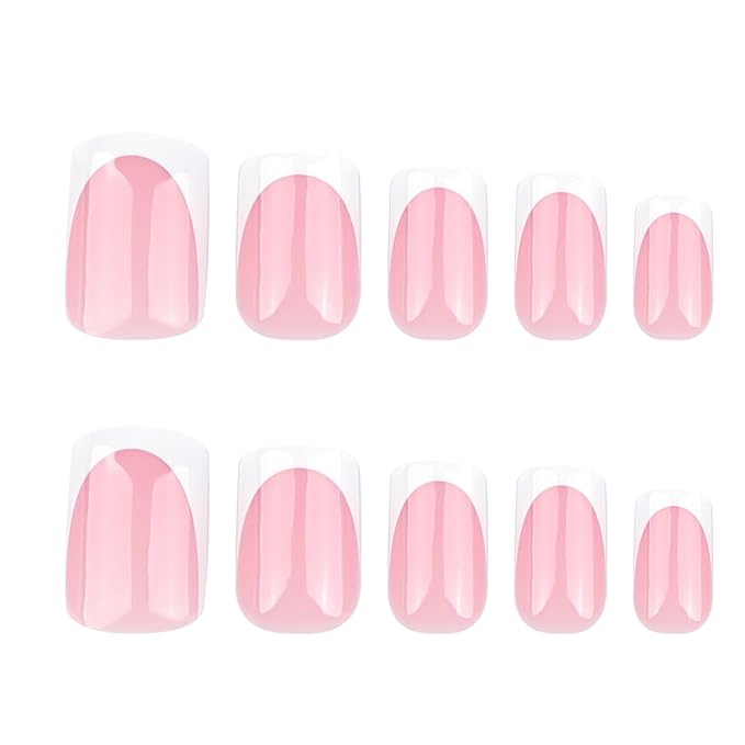 24Pcs French Short Press on Nails with Jelly Glue White French Tip Press On Acrylic Nails Nude Pink False Nail Tips Reusable Cute Finger Manicure Decorations for Women