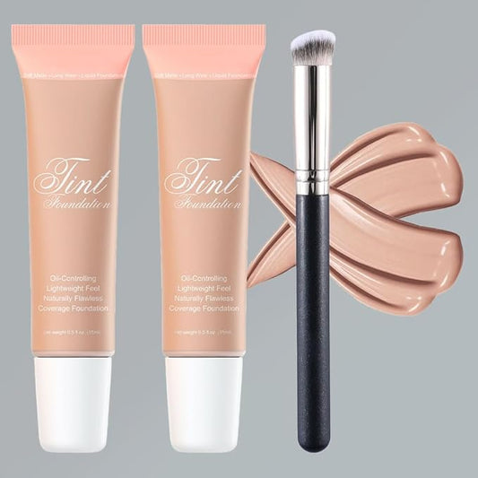 2 Pack Liquid Foundation Cream with Foundation Brush for Face Makeup,Durable Full Coverage Matte Concealer Make Up,Oil Control & Waterproof Base Primer -1 Fl.Oz (#04)-VivaGrace Women