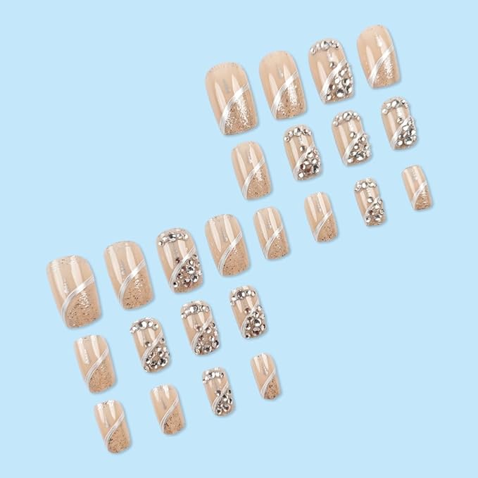 KQueenest Acrylic Press on Nails Short Medium Square, Luxurious Nude Fake Nails Acrylic with Rhinestones, Glue on Nails Short Coffin Sliver Stripes Sequins Full Cover False Nails For Women 24 Pcs