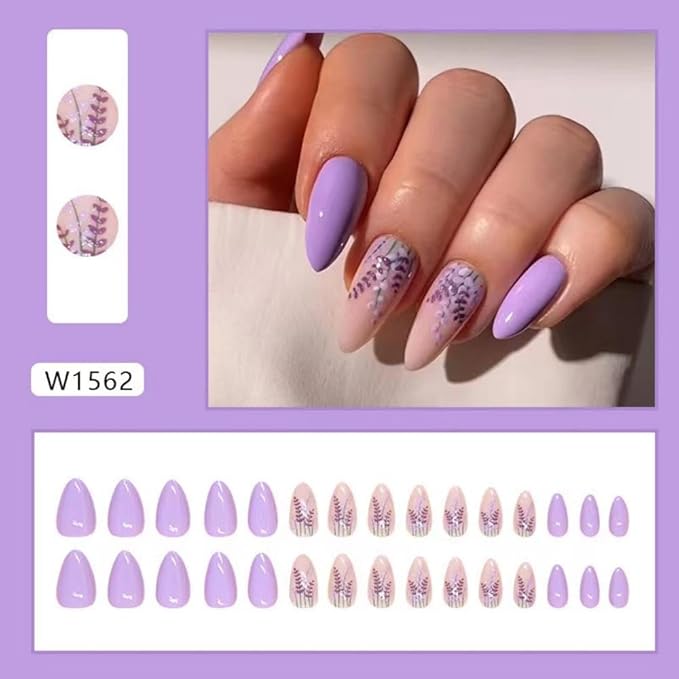 Purple Press on Nails Medium Almond Fake Nails Lavender False Nails with Design Flower Glue on Nails Glossy Full Cover Reusable Artificial Acrylic Stick on Nails For Women Girls Manicure 24PCS