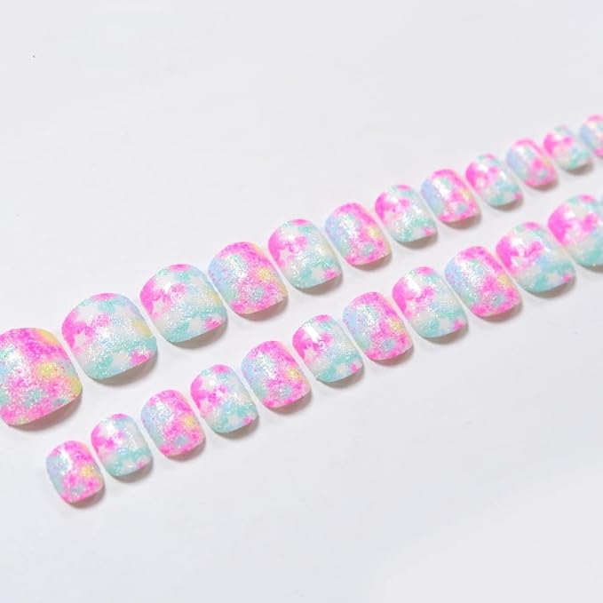 Kids Press on Nails Children Fake Nails 72PCS Artificial Nail Tips Adhesive Full Cover Short False Fingernails for Girls Kids Nail Decoration (Mermaid Unicorn)