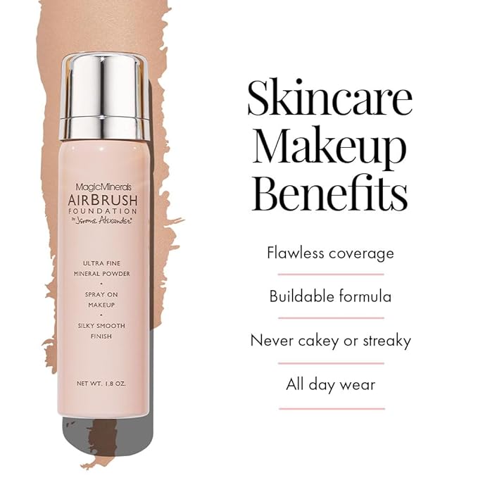 Jerome Alexander MagicMinerals AirBrush Foundation, Spray Makeup with Skincare Active Ingredients, Ultra-Light, Buildable, Full Coverage Formula (Light Medium)-VivaGrace Women