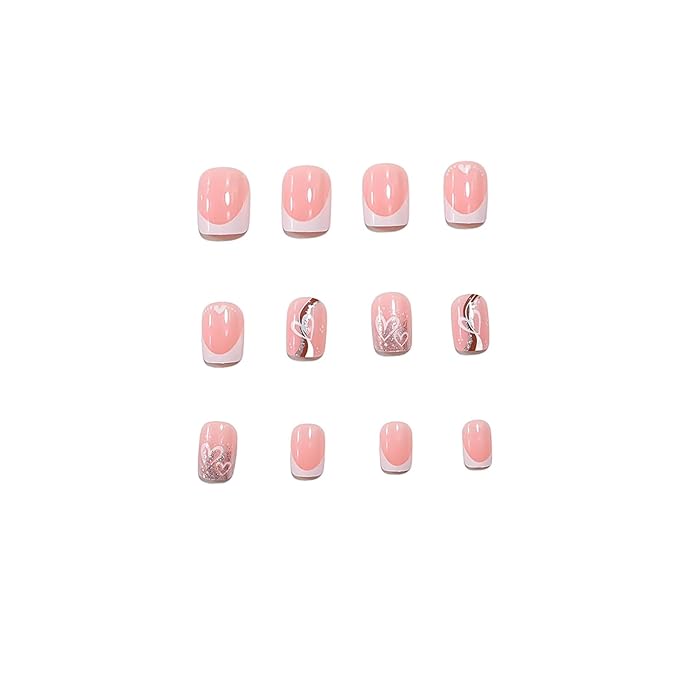 Medium Square Press on Nails White French Tip Fake Nails Gold Sparkly False Nails with Heart Designs Valentine Day Glue on Nails Glossy Artificial Nails Cute Stick on Nails for Women 24Pcs
