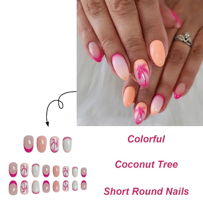 Coconut Tree Press on Nails Medium Almond Fake Nails with Design Ombre Orange Glue on Nails Glossy Spring Nails Reusable Pink French tips Gradient Summer False Nails for Women Girls Manicure 24pcs
