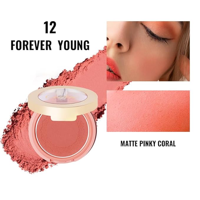 Oulac Blush Face Coral Matte | Pigmented Powdery Cream Blusher Warm Skin Light Medium| Natural Matte | Light Weight&Blendable| Cruelty-Free Blush| 12 Forever Young 4.8g-VivaGrace Women